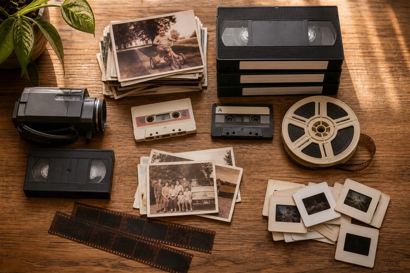 A collection of old family media — VHS tapes, cassettes and printed photographs waiting to be digitised